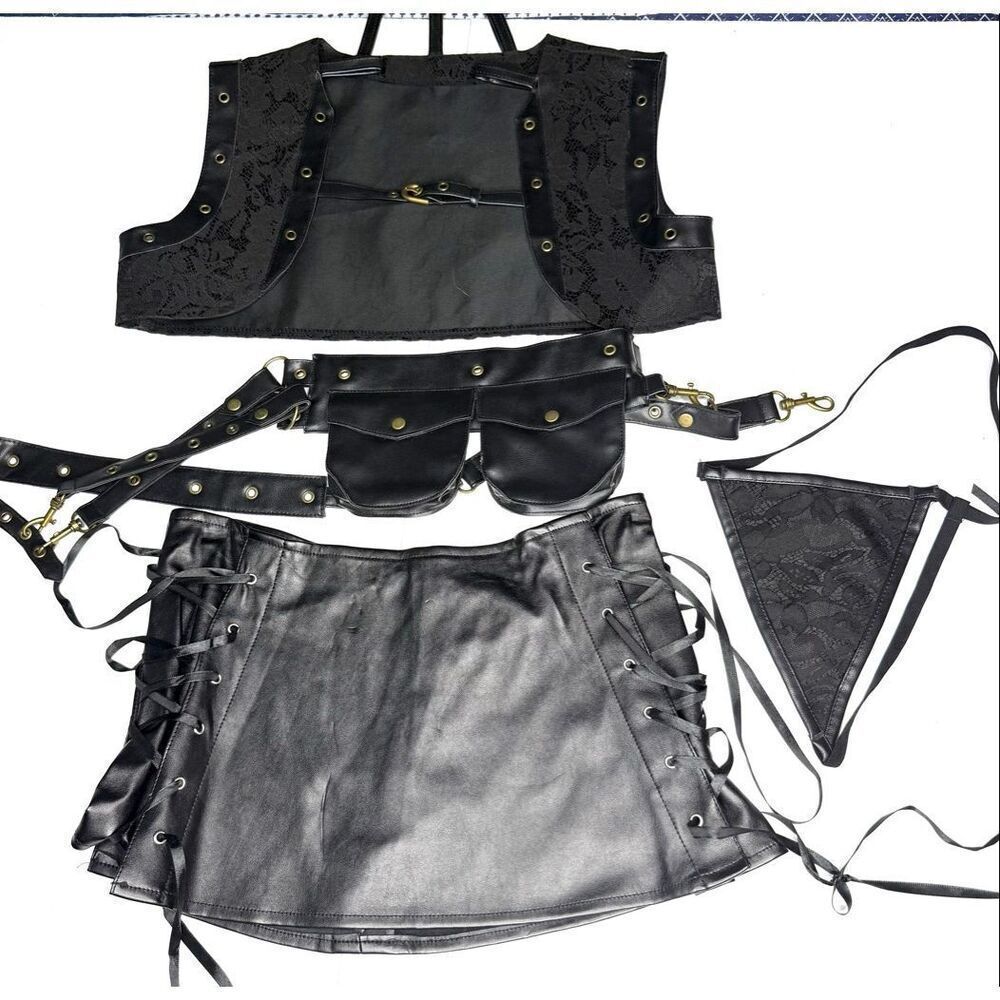 Black Faux Leather Lace Festival Costume Set Corset Skirt Utility Belt Size M
